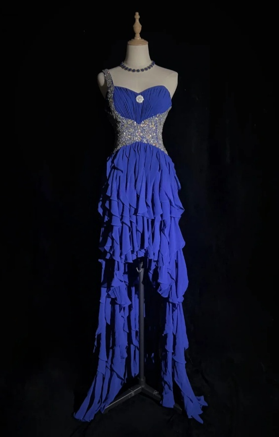 Glam Blue Long Prom Dresses Straps Sheath Evening Dresses Chiffon Formal Dresses EP06104