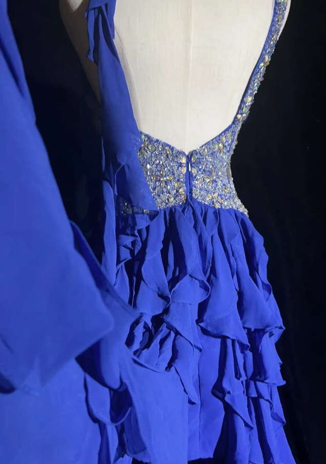 Glam Blue Long Prom Dresses Straps Sheath Evening Dresses Chiffon Formal Dresses EP06104