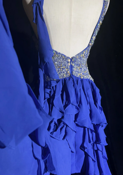 Glam Blue Long Prom Dresses Straps Sheath Evening Dresses Chiffon Formal Dresses EP06104