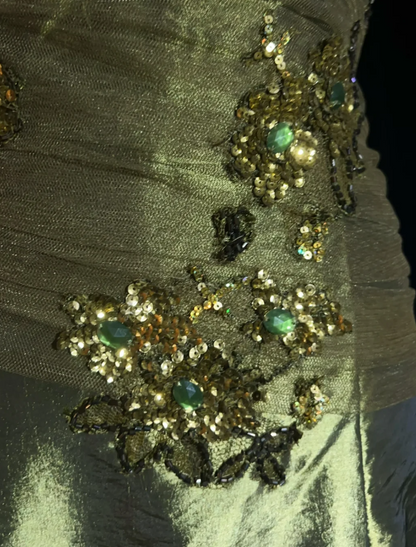 Glam Green Long Prom Dresses Appliques Sheath Evening Dresses Satin Strapless Formal Dresses EP06105