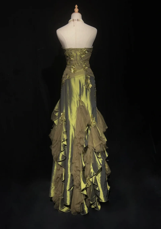 Glam Green Long Prom Dresses Appliques Sheath Evening Dresses Satin Strapless Formal Dresses EP06105