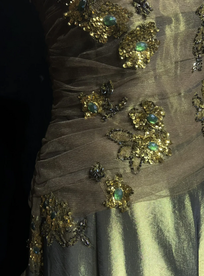 Glam Green Long Prom Dresses Appliques Sheath Evening Dresses Satin Strapless Formal Dresses EP06105