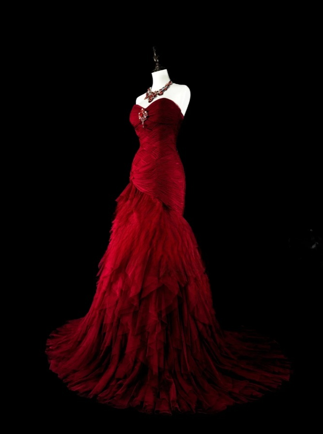 Glam Burgundy Long Prom Dresses Sheath Evening Dresses Tulle Strapless Formal Dresses EP06106