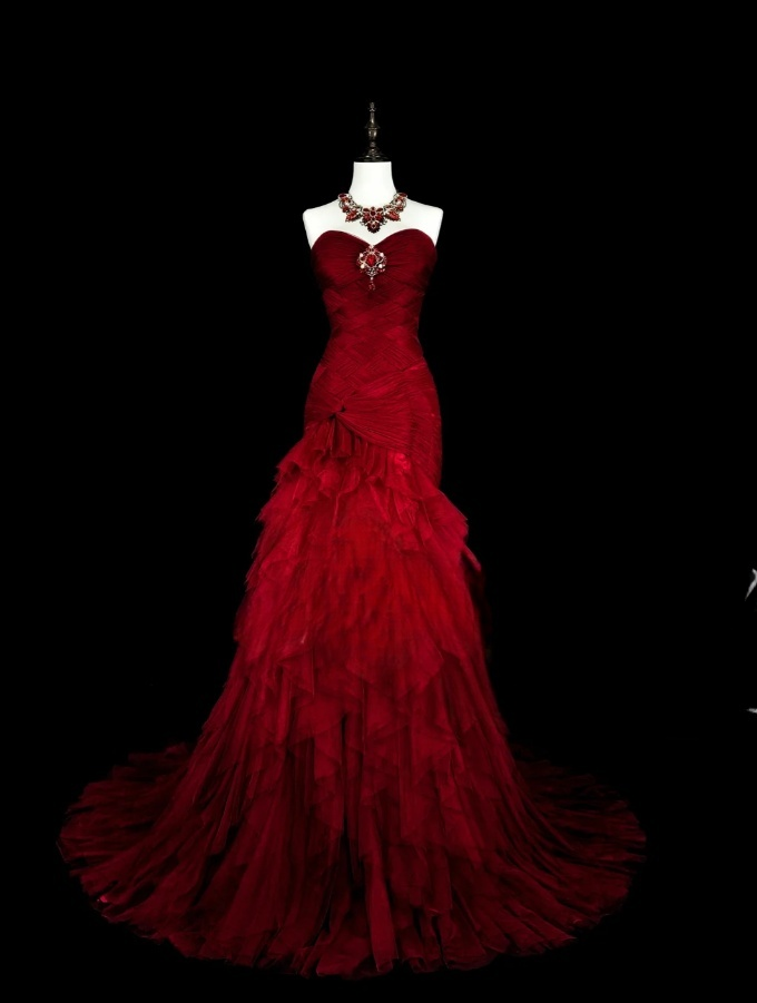 Glam Burgundy Long Prom Dresses Sheath Evening Dresses Tulle Strapless Formal Dresses EP06106