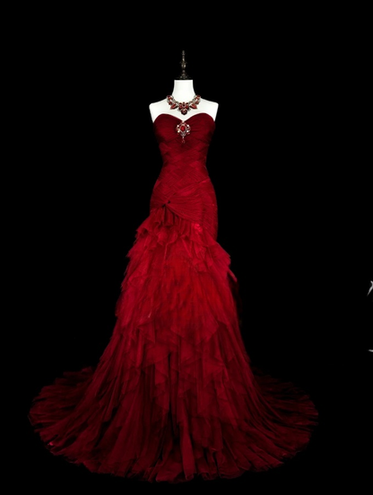 Glam Burgundy Long Prom Dresses Sheath Evening Dresses Tulle Strapless Formal Dresses EP06106