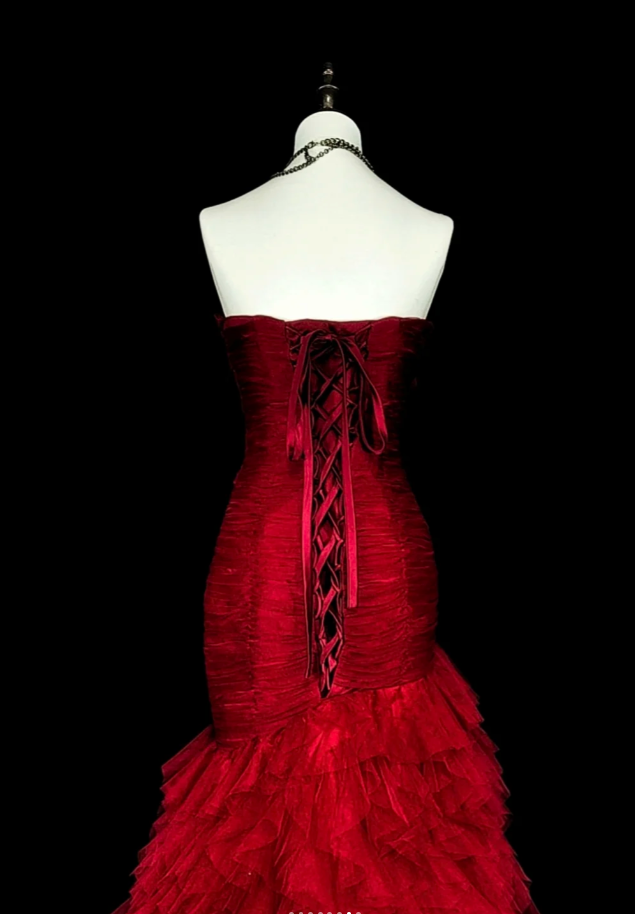 Glam Burgundy Long Prom Dresses Sheath Evening Dresses Tulle Strapless Formal Dresses EP06106