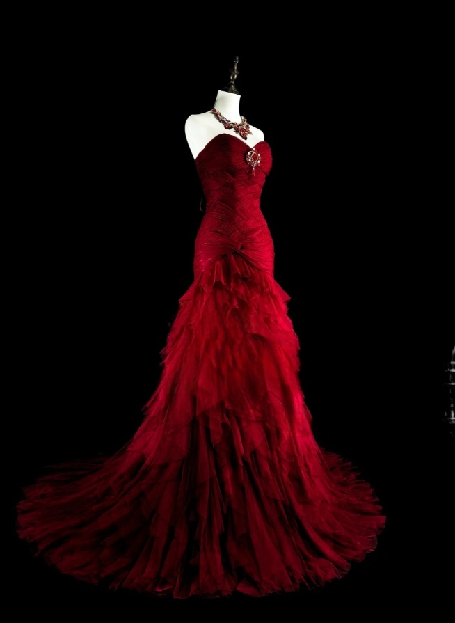 Glam Burgundy Long Prom Dresses Sheath Evening Dresses Tulle Strapless Formal Dresses EP06106