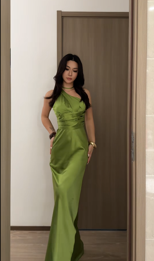 Glam Green Long Prom Dresses Sheath Evening Dresses Satin One-shoulder Formal Dresses EP06107
