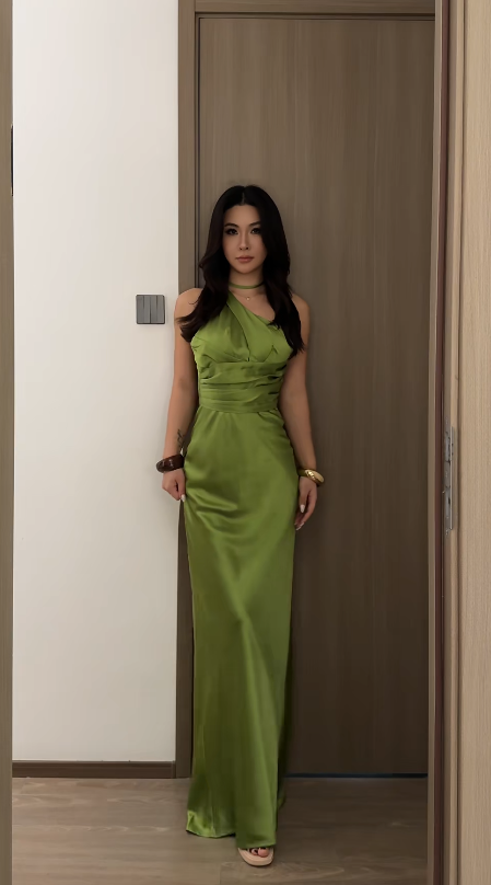 Glam Green Long Prom Dresses Sheath Evening Dresses Satin One-shoulder Formal Dresses EP06107