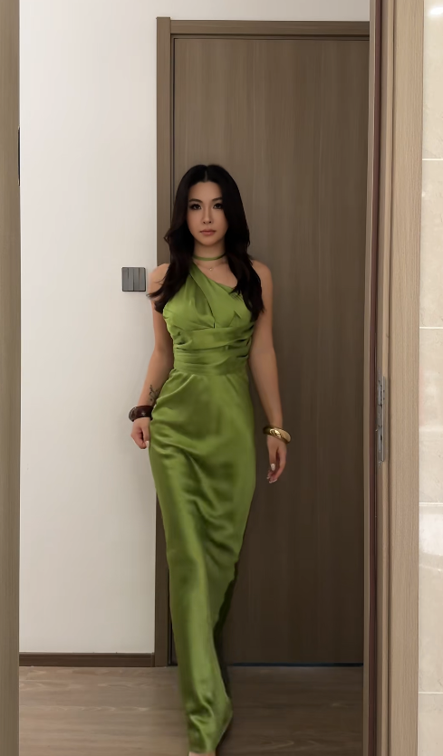 Glam Green Long Prom Dresses Sheath Evening Dresses Satin One-shoulder Formal Dresses EP06107