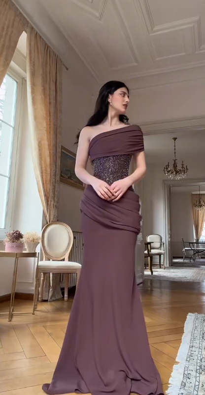 Glam Brown Long Prom Dresses Sheath Evening Dresses Chiffon One-shoulder  Formal Dresses EP06108