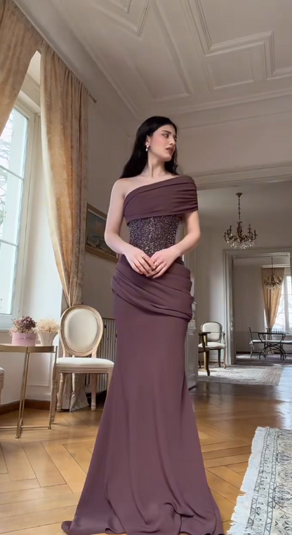 Glam Brown Long Prom Dresses Sheath Evening Dresses Chiffon One-shoulder  Formal Dresses EP06108