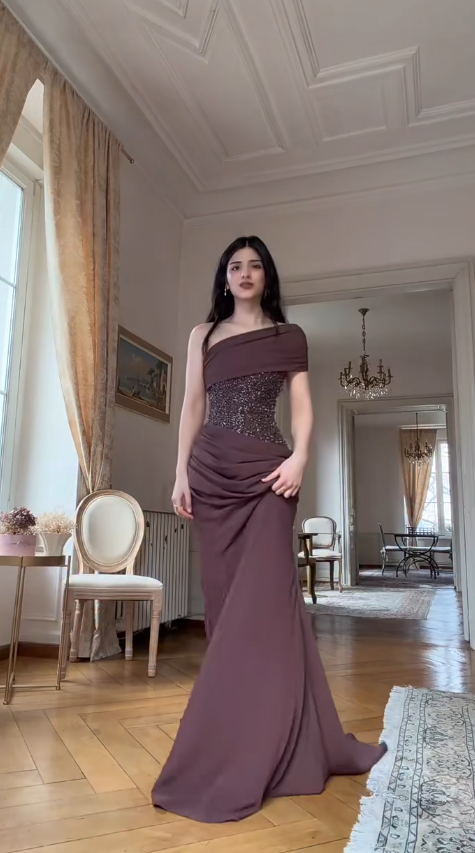 Glam Brown Long Prom Dresses Sheath Evening Dresses Chiffon One-shoulder  Formal Dresses EP06108