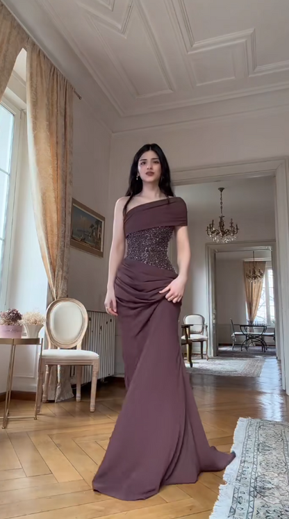Glam Brown Long Prom Dresses Sheath Evening Dresses Chiffon One-shoulder  Formal Dresses EP06108