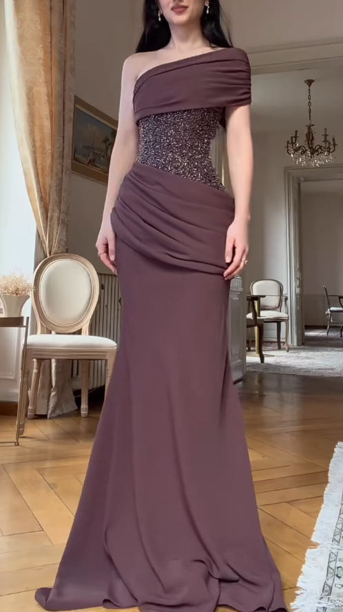 Glam Brown Long Prom Dresses Sheath Evening Dresses Chiffon One-shoulder  Formal Dresses EP06108