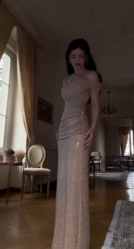 Glam Champagne Long Prom Dresses Sheath Evening Dresses Rhinstone One-shoulder  Formal Dresses EP06109