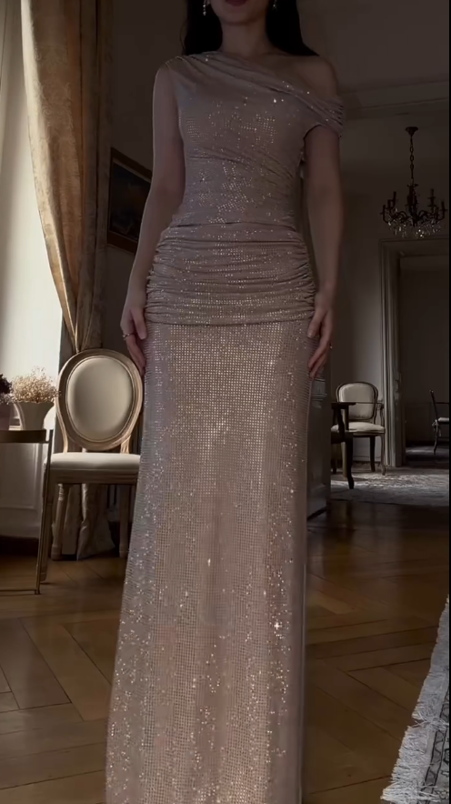 Glam Champagne Long Prom Dresses Sheath Evening Dresses Rhinstone One-shoulder  Formal Dresses EP06109