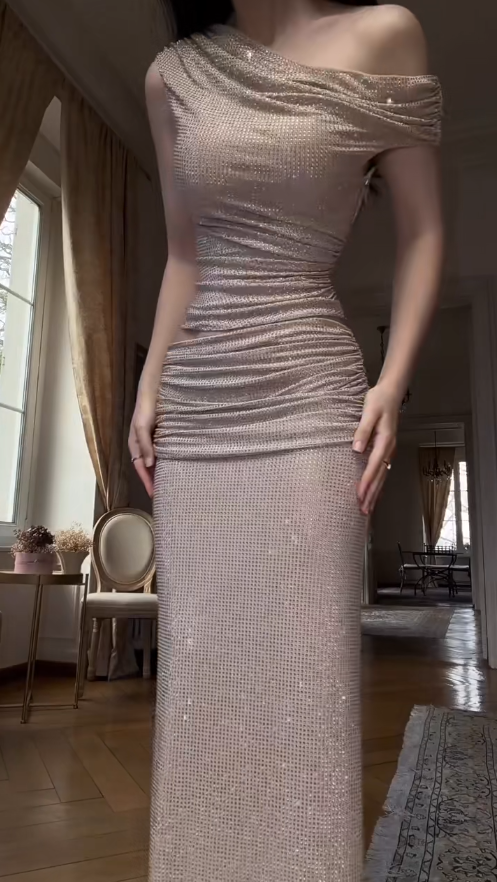 Glam Champagne Long Prom Dresses Sheath Evening Dresses Rhinstone One-shoulder  Formal Dresses EP06109