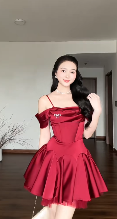 Cute Burgundy Short Prom Dresses A-Line Evening Dresses Satin Spaghetti Straps Formal Dresses EP06110