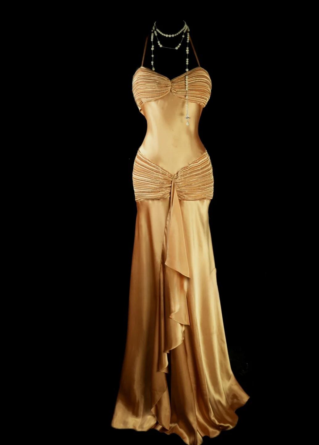 Vintage Yellow Long Prom Dresses Sheath Satin Sleeveless Evening Dresses Halter Birthday Dresses EP06116