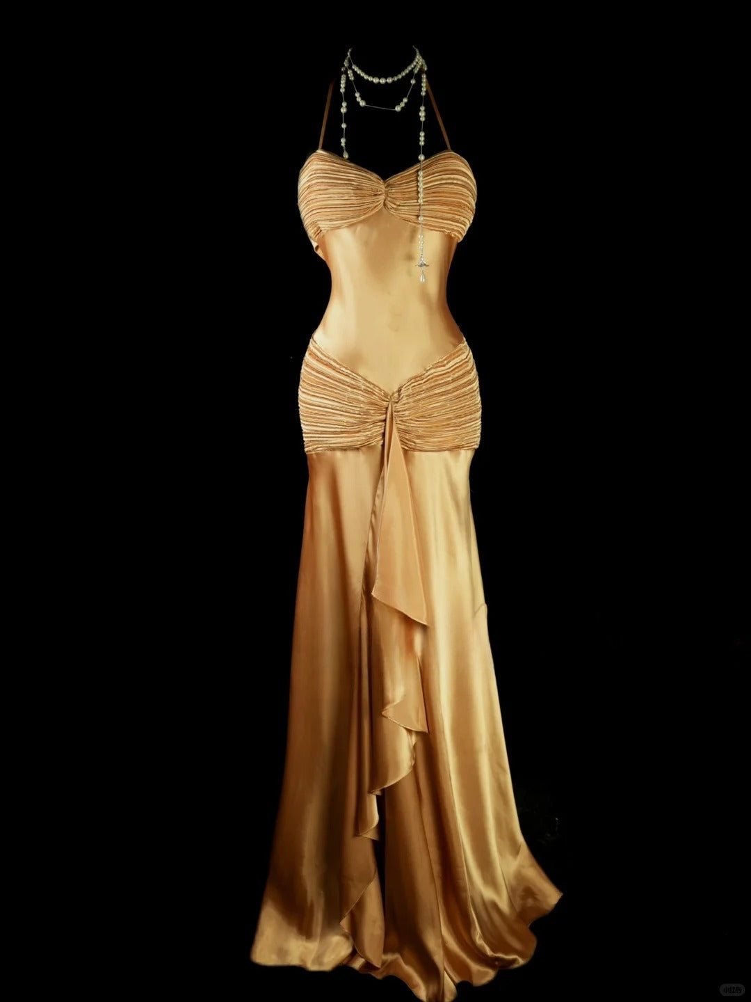 Vintage Yellow Long Prom Dresses Sheath Satin Sleeveless Evening Dresses Halter Birthday Dresses EP06116