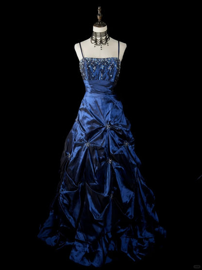 Vintage Navy Blue Long Prom Dresses A-Line Satin Sleeveless Evening Dresses Spaghetti Straps Birthday Dresses EP06118