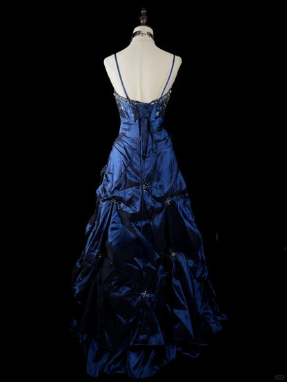 Vintage Navy Blue Long Prom Dresses A-Line Satin Sleeveless Evening Dresses Spaghetti Straps Birthday Dresses EP06118