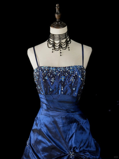 Vintage Navy Blue Long Prom Dresses A-Line Satin Sleeveless Evening Dresses Spaghetti Straps Birthday Dresses EP06118