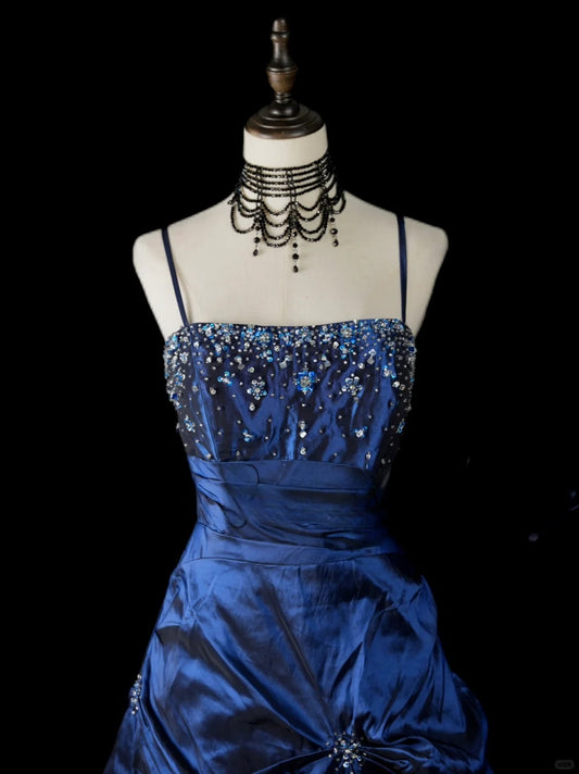 Vintage Navy Blue Long Prom Dresses A-Line Satin Sleeveless Evening Dresses Spaghetti Straps Birthday Dresses EP06118