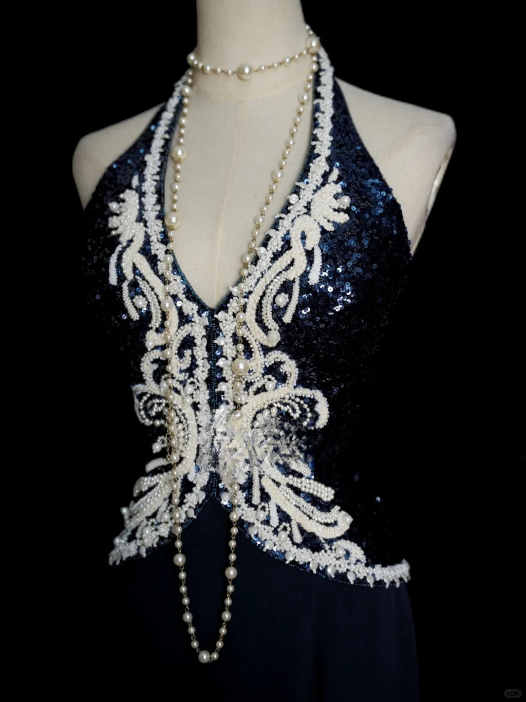 Vintage Navy Blue Long Prom Dresses Sheath Sleeveless Evening Dresses Chiffon Beaded Halter Birthday Dresses EP06119