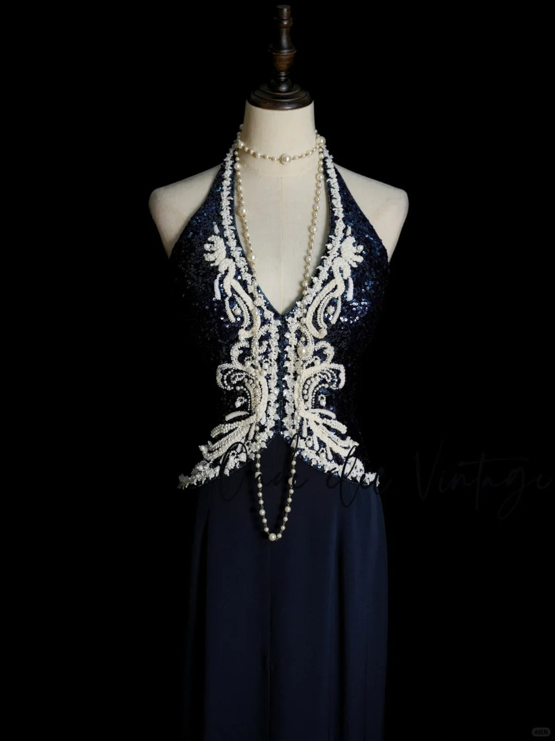 Vintage Navy Blue Long Prom Dresses Sheath Sleeveless Evening Dresses Chiffon Beaded Halter Birthday Dresses EP06119