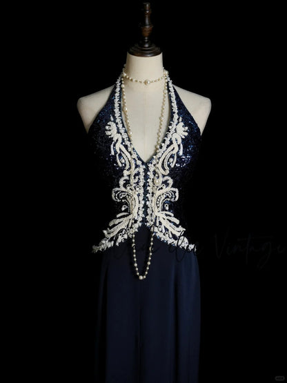 Vintage Navy Blue Long Prom Dresses Sheath Sleeveless Evening Dresses Chiffon Beaded Halter Birthday Dresses EP06119