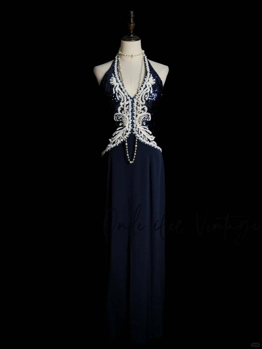 Vintage Navy Blue Long Prom Dresses Sheath Sleeveless Evening Dresses Chiffon Beaded Halter Birthday Dresses EP06119