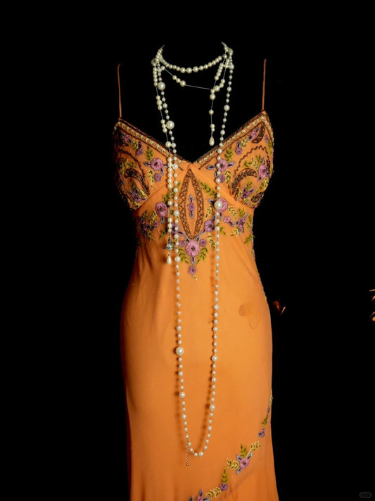 Vintage Orange Long Prom Dresses Sheath Sleeveless Evening Dresses Chiffon Appliques Spaghetti Straps Birthday Dresses EP06120