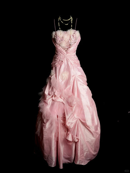 Vintage Pink Long Prom Dresses A-Line Sleeveless Quinceanera Dresses Satin Spaghetti Straps Birthday Dresses EP06121
