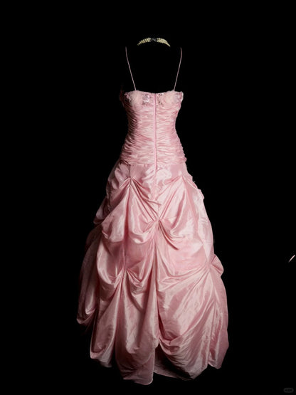 Vintage Pink Long Prom Dresses A-Line Sleeveless Quinceanera Dresses Satin Spaghetti Straps Birthday Dresses EP06121