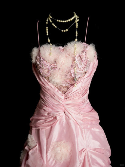 Vintage Pink Long Prom Dresses A-Line Sleeveless Quinceanera Dresses Satin Spaghetti Straps Birthday Dresses EP06121