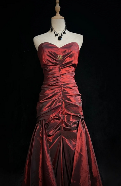 Elegant Burgundy Birthday Dresses, Sweetheart Sheath Long Prom Dresses, Satin Sleevless Evening Dresses EP06499