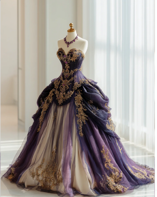 Gorgeous Purple Birthday Dresses, Sweetheart A-Line Long Prom Dresses, Appliques Tulle Quinceanera Dresses EP06500