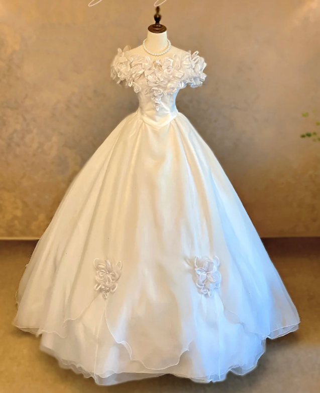 Gorgeous White Birthday Dresses, Off-shoulder A-Line Long Prom Dresses,  Tulle Sleeveless Evening Dresses EP06504