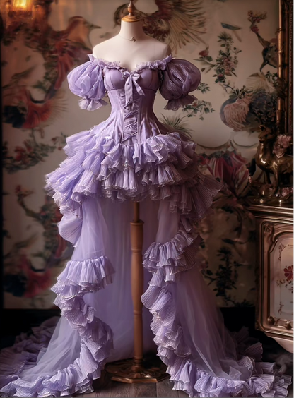 Cute Purple Birthday Dresses, Off-shulder Hi-Lo Prom Dresses,  Tulle Sleeveless Evening Dresses EP06508