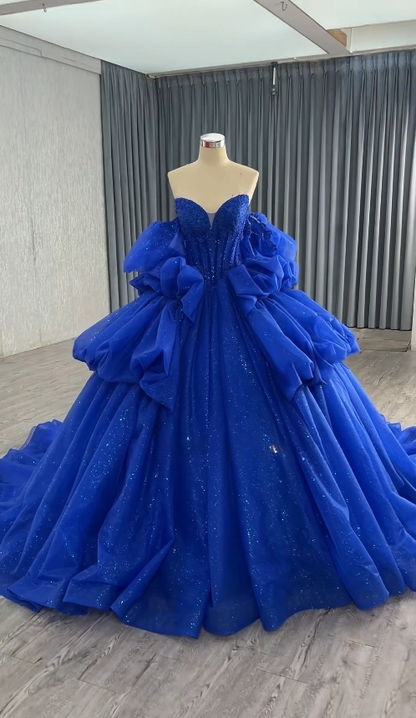 Cute Royal Blue Sweet 16 Dresses, Off-shulder A-Line Long  Prom Dresses,  Tulle Cups Sleeves Quinceanera Dresses EP06509