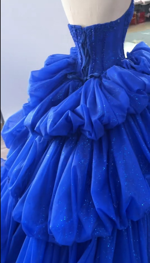 Cute Royal Blue Sweet 16 Dresses, Off-shulder A-Line Long  Prom Dresses,  Tulle Cups Sleeves Quinceanera Dresses EP06509