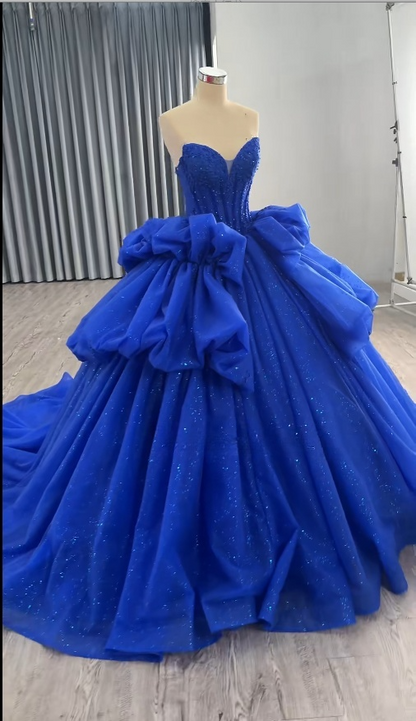 Cute Royal Blue Sweet 16 Dresses, Off-shulder A-Line Long  Prom Dresses,  Tulle Cups Sleeves Quinceanera Dresses EP06509