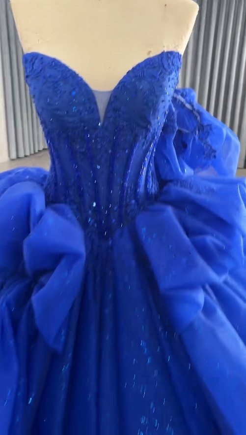 Cute Royal Blue Sweet 16 Dresses, Off-shulder A-Line Long  Prom Dresses,  Tulle Cups Sleeves Quinceanera Dresses EP06509