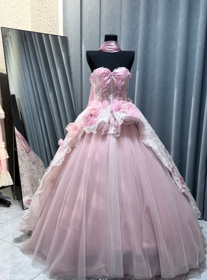 Cute Pink Sweet 16 Dresses, Sweetheart  A-Line Long  Prom Dresses,  Tulle Sleeveless Quinceanera Dresses EP06510