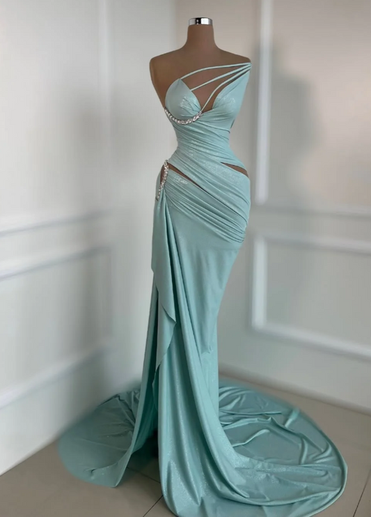 Sexy Blue Party Dresses, One-shoulder Sheath Long Prom Dresses, Satin Sleeveless Evening Dresses EP06511