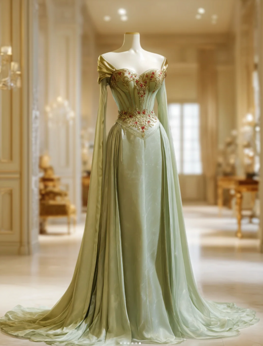 Sexy Green Formal Dresses, Off-shoulder Sheath Long Prom Dresses, Chiffon Sleeveless Evening Dresses EP06512