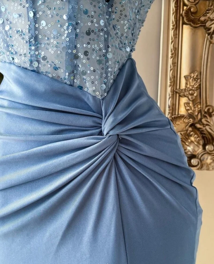 Sexy Blue Party Dresses, Strapless Sheath Short Prom Dresses, Sequins Satin Sleeveless Evening Dresses EP06513