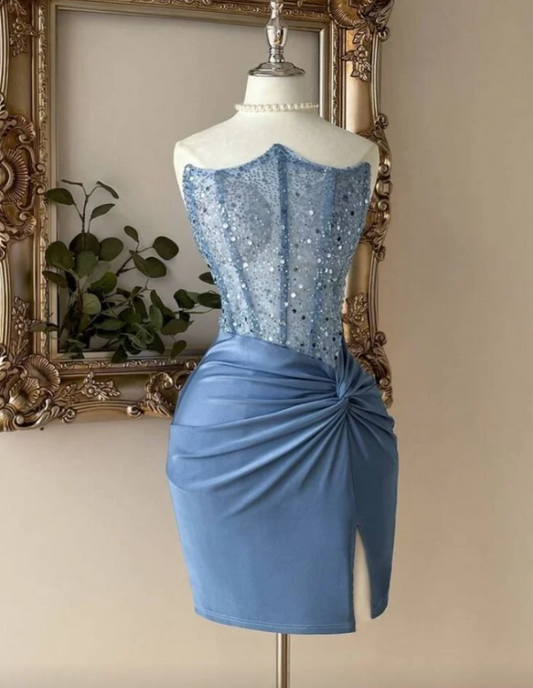 Sexy Blue Party Dresses, Strapless Sheath Short Prom Dresses, Sequins Satin Sleeveless Evening Dresses EP06513